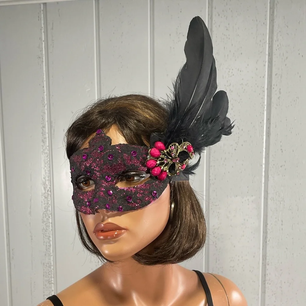 **Custom Masquerade Mask Pink Black Lace Halloween Costume
